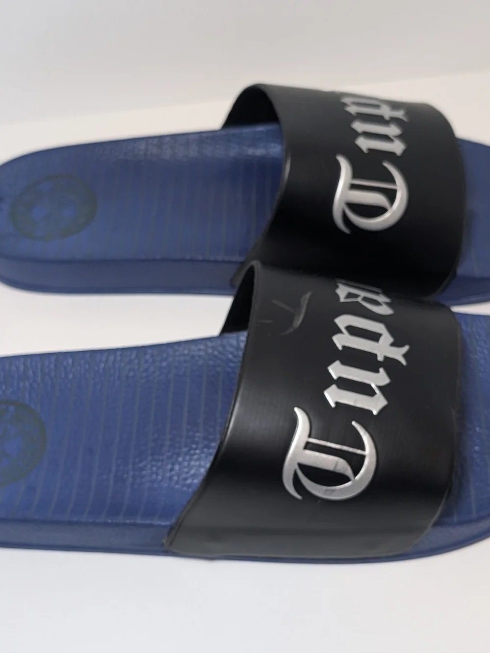 NEW 2PAC Tupac Shakur Slides Sandals Men's Size 12 Blue/Black Cross Colours NIB